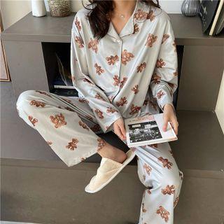 Printed Bear Button-up Top / High-waist Straight-cut Pants