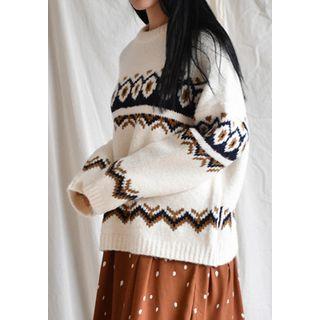 Drop-shoulder Wool Blend Pattern Sweater