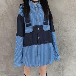 Front Pocket Denim Panel Striped Shirt