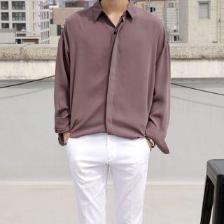 Hidden-button Plain Shirt
