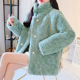 High-neck Plain Faux Furry Cardigan