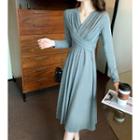 Long-sleeve V-neck Twist Midi A-line Dress