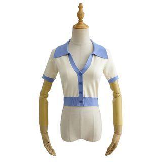 Short-sleeve Collar Contrast Trim Button-up Knit Top