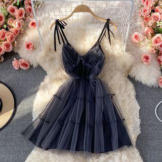 Spaghetti Strap Ruffled A-line Mesh Dress