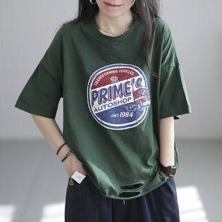 Short-sleeve Graphic Print Distressed T-shirt