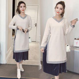 Set: Long-sleeve V-neck Top + Accordion Pleat Midi Skirt