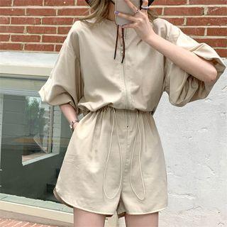 Puff-sleeve Drawstring-waist Wide-leg Romper