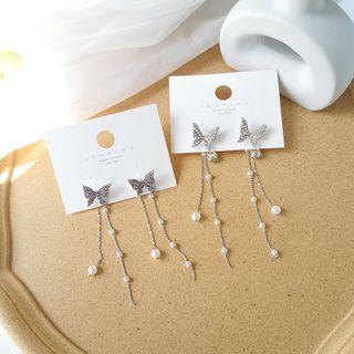 925 Sterling Silver Faux Pearl Butterfly Fringed Earring
