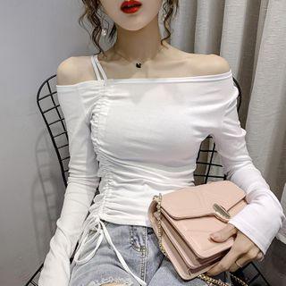 Asymmetric Cold-shoulder Long-sleeve Shirred T-shirt