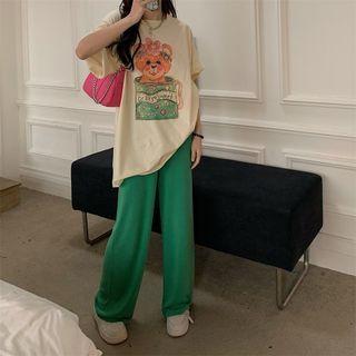 Cartoon Bear Print T-shirt / Wide Leg Pants