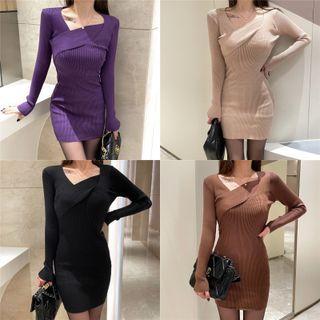 Skew Neckline Knit Mini Sheath Dress