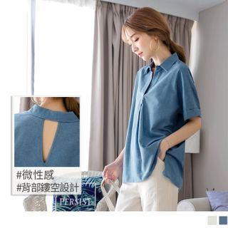 Short-sleeve Cuffed V-neck Plain Top