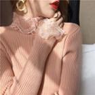 Turtleneck Lace-cuff Ribbed Knit Top