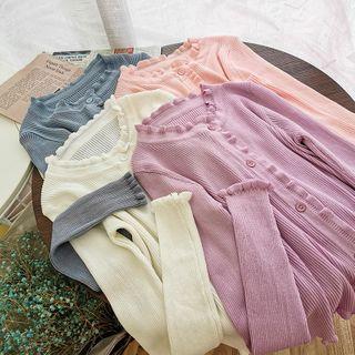 Ruffle Trim Ribbed Cardigan