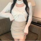 Long-sleeve Knit Top / Faux Leather Mini Fitted Skirt