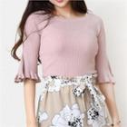 Frill-sleeve Ribbed Top