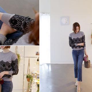 Round-neck Lace-panel Knit Top