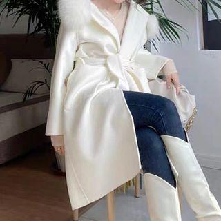 Fluffy Collar Long Hooded Coat