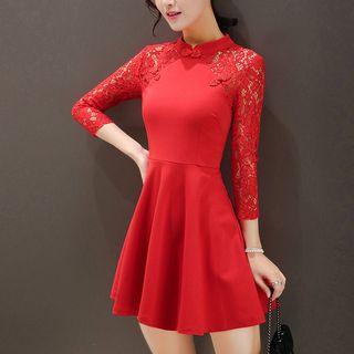 Mock Collar Lace Panel A-line Dress