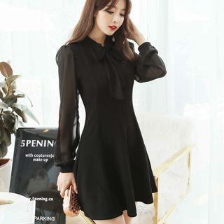 Long-sleeve Ribbon-neck A-line Mini Dress