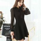 Long-sleeve Ribbon-neck A-line Mini Dress