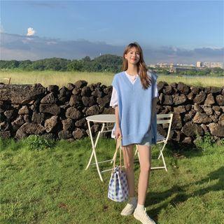V-neck Plain Split Sleeveless Sweater Sky Blue - One Size