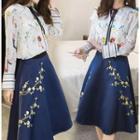 Set: Printed Long-sleeve Blouse + Floral A-line Midi Skirt