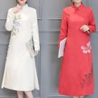 Long-sleeve Floral Embroidery A-line Midi Qipao Dress