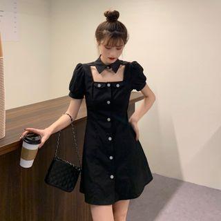 Puff-sleeve Buttoned Cutout Mini Dress