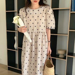 Short-sleeve Heart Print Midi Smock Dress Almond - One Size