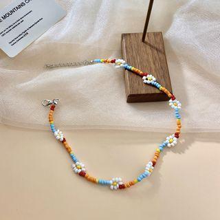 Flower Bead Necklace Flower - Blue & Yellow - One Size