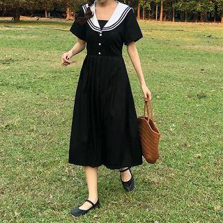 Sailor-collar Short-sleeve Dress As Figure - One Size