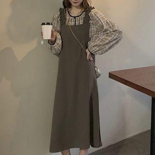 Plaid Blouse / Plain Midi A-line Pinafore Dress