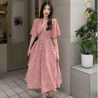 Elbow Sleeve V-neck Floral Midi A-line Dress