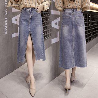 Front Slit Midi A-line Denim Skirt