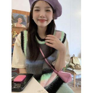 Color Block Sweater Vest Gray & Green & Pink - One Size