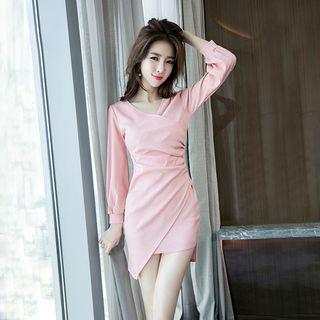 V-neck Long-sleeve Sheath Dress Pink - Xl