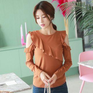 Frilled Open Shoulder Long-sleeve T-shirt