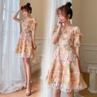 Cold-shoulder Ruffled Floral Print A-line Dress