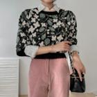 Mutton-sleeve Scallop-edge Floral Knit Top