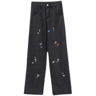 Heart Embroidered Splatter Print Straight Leg Jeans