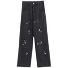 Heart Embroidered Splatter Print Straight Leg Jeans