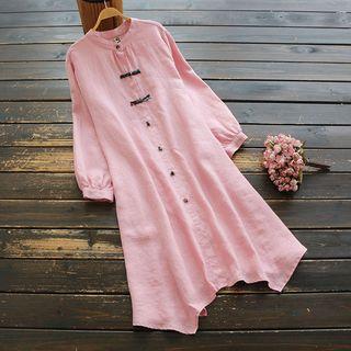 Balloon-sleeve Frog-buttoned Midi Shirtdress