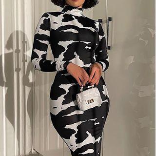 Long-sleeve Turtleneck Patterned Midi Sheath Dress