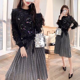 Set: Fringed Trim Pullover + High Waist Pleated Skirt