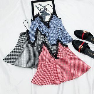 Lace Trim Gingham V-neck Camisole Top