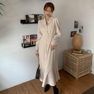 Long-sleeve Belt Waist Midi Dress