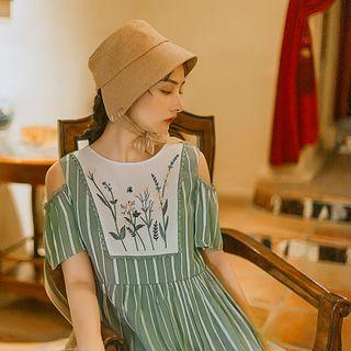 Cold-shoulder Floral Embroidered Striped Midi A-line Dress