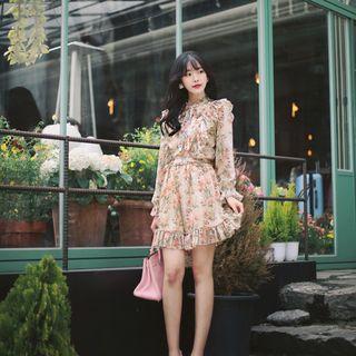 Long-sleeve Floral Print Ruffle Trim Chiffon Dress