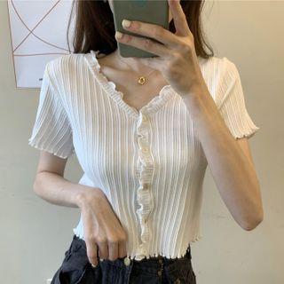 Lettuce Edge Short-sleeve Rib Knit Cardigan